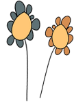 Two simple, hand-drawn flowers with oval yellow centres and differently coloured rounded petals on thin stems.