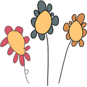 Three simple, hand-drawn flowers with yellow centres and pink, blue, and orange petals on thin stems.