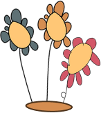 Three simple, cartoon-style flowers with oval yellow centres and petals in dark blue, orange, and pink, standing on thin stems in brown soil.