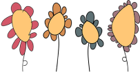 Four abstract flowers with yellow oval centres and differently coloured, irregular petals on thin stems.