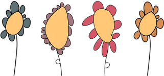 A simple drawing of four stylised flowers with oval yellow centres and coloured petals on thin black stems, shown in a row.