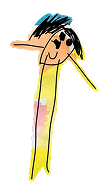 Child’s drawing of a person with a large smiling face, black hair, long yellow body, and outstretched arms on a white background.