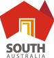 Logo of South Australia featuring a red geometric shape resembling a roof, a yellow doorway, and the text “South Australia” below.