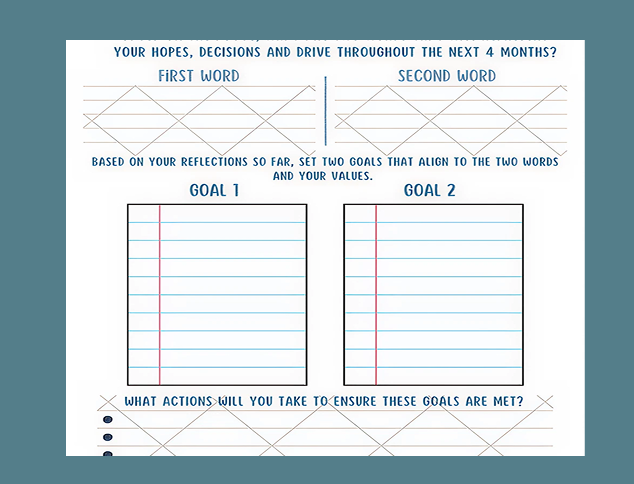 The Educational Leader Diary features dedicated sections for two focus words, two goals, and a space to outline actions for achieving those goals over a four-month period.