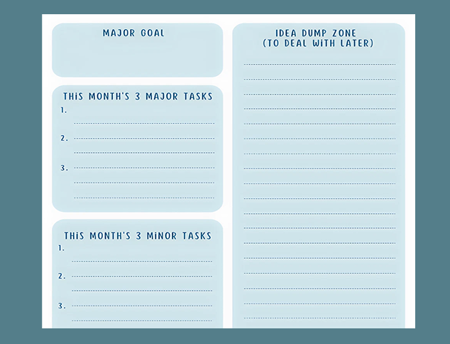 The Educational Leader Diary is a blue planner sheet featuring sections for a major goal, three major tasks, three minor tasks, and a lined area labelled “Idea Dump Zone (To Deal With Later).”.