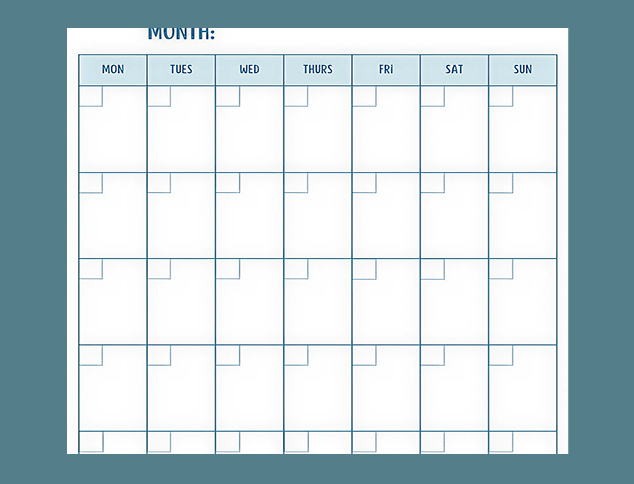 The Educational Leader Diary is a blank monthly calendar template featuring five rows and seven columns for days of the week, labelled Monday through Sunday, with space to fill in the month and dates.