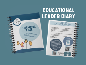 Two spiral-bound “Educational Leader Diary” booklets are pictured—one showcasing the cover, and the other revealing an inside page featuring text, QR codes, and floral illustrations.