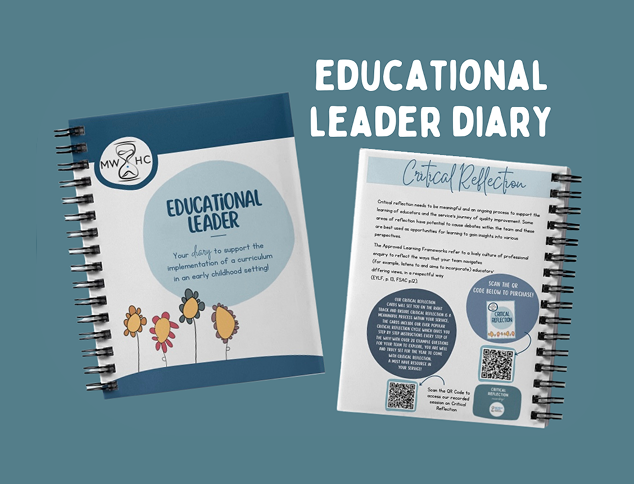 Two spiral-bound “Educational Leader Diary” booklets are pictured—one showcasing the cover, and the other revealing an inside page featuring text, QR codes, and floral illustrations.