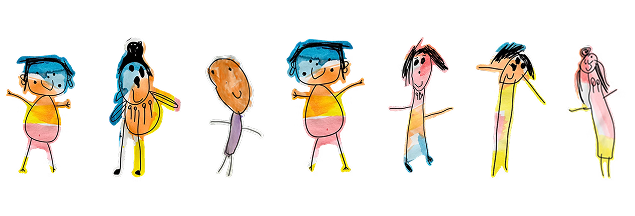 Six colourful, childlike drawings of people with blue hair, round heads, and simple limbs, lined up against a plain white background.
