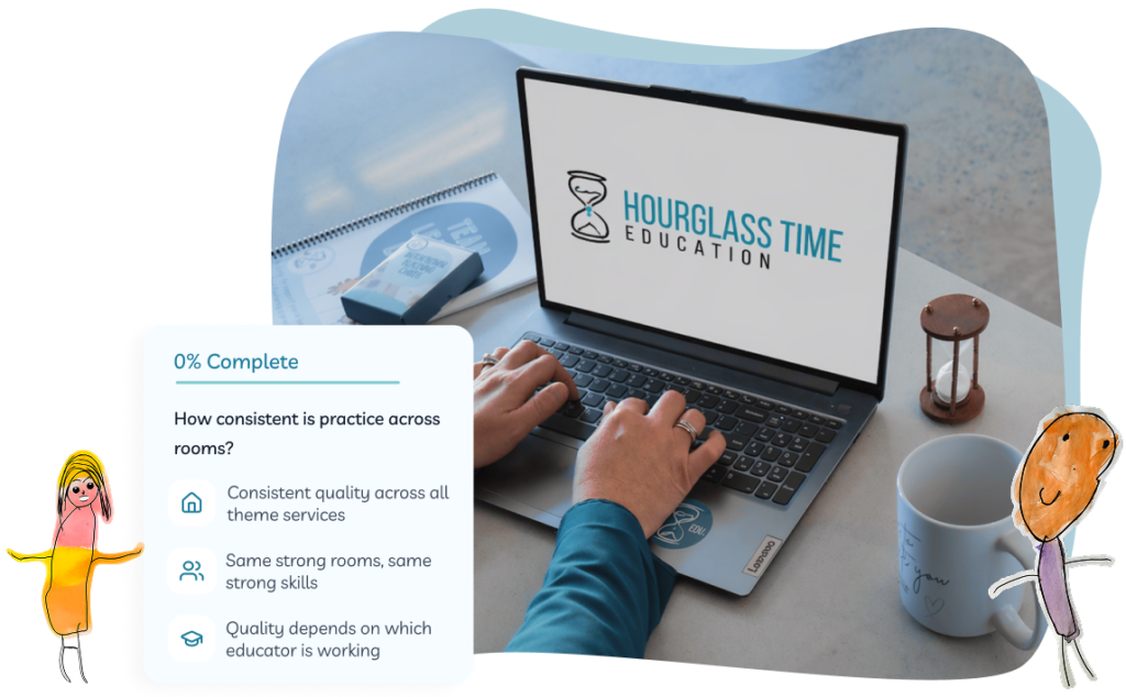 Person using a laptop displaying the Hourglass Time Education logo, with a notebook, mobile, coffee, and an info box about education quality on the table, plus two illustrated figures.