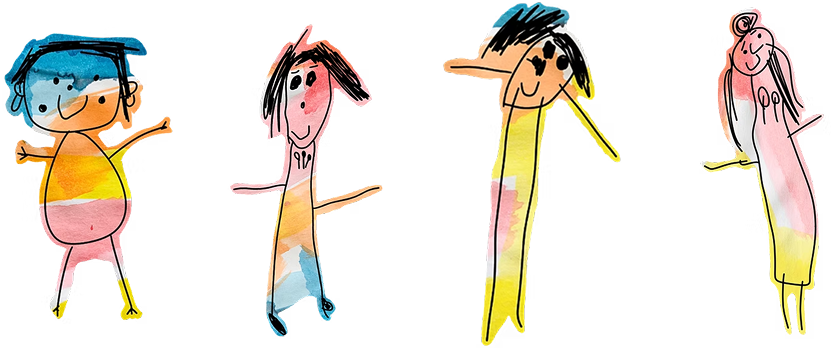 Four colourful, childlike drawings of people with simple lines and watercolour patterns, each featuring distinct hair and facial expressions on a white background.