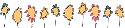 A row of simple, hand-drawn flowers with yellow centres and petals in shades of pink and grey on thin stems against a white background.