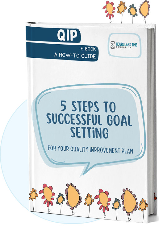 A book titled “5 Steps to Successful Goal Setting for Your Quality Improvement Plan” with a cover featuring cartoon flowers and a speech bubble design.