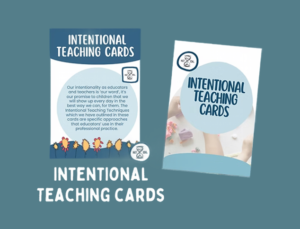 Two Intentional Teaching Cards are shown on a blue background, each featuring educational content and playful illustrations.