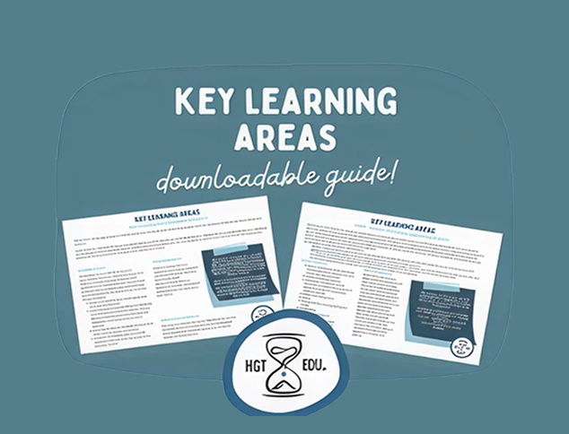 Two documents titled “Key Learning Areas Guide” are displayed on a blue background with the text “downloadable guide!” and an HGT EDU logo featuring an hourglass at the bottom.