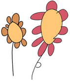 Two simple, cartoon-style flowers with yellow centres and petal shapes; one flower has brown petals, the other has pink petals.