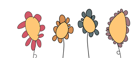 Four abstract flowers with yellow centres and petals in shades of pink, orange, and blue are drawn in a simple, minimalist style on a white background.