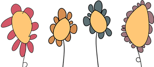 Four abstract flowers with large yellow centres and differently coloured, irregular petals on thin stems, set against a plain background.