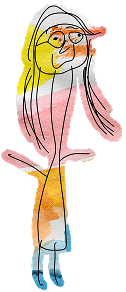 A childlike drawing of a person with long hair, glasses, and a dress, outlined in black with watercolour patches of yellow, pink, orange, and blue.
