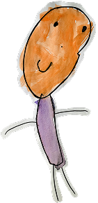 Child’s drawing of a person with an orange oval head, a smiling face, a purple body, and thin stick arms and legs on a white background.