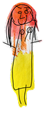 Child’s drawing of a person with a red and orange face, long black hair, and a yellow dress, outlined in black marker.