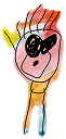 Colourful childlike drawing of a face with large black eyes, pink cheeks, yellow and orange hair, and a multicoloured neck and body.