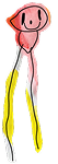 Child-like drawing of a pink figure with an oval head, simple facial features, a pink body, and long yellow legs on a white background.