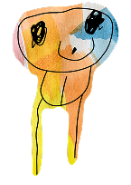 Child-like drawing of a creature with a round head, large black eyes, and yellow legs, overlaid on a watercolour background of orange, blue, and yellow.