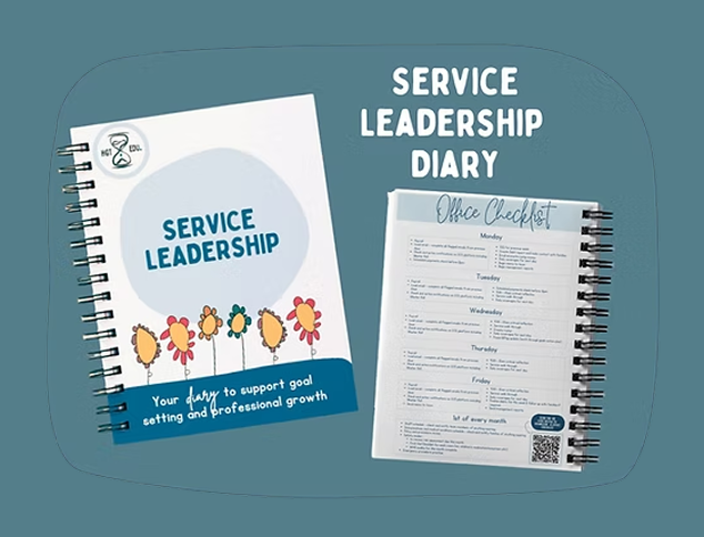 Two spiral-bound Service Leadership Diary notebooks—one with the cover visible, the other open to an “Office Checklist” page featuring days of the week and a QR code—all displayed on a blue background.