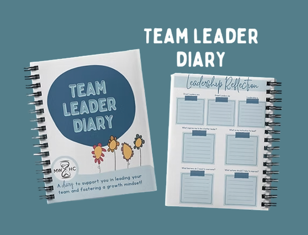 Two “Team Leader Diary” spiral-bound notebooks are featured; one shows the cover, whilst the other reveals an inside page titled “Leadership Reflection” with spaces for writing.