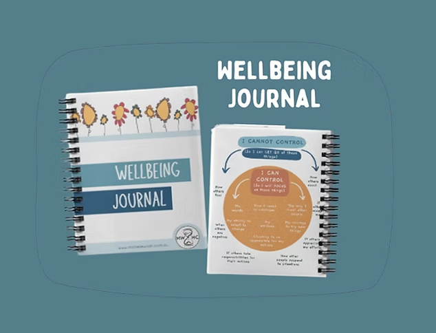 Two spiral-bound Wellbeing Journals are featured, one closed with a floral cover and the other open to a page displaying a control circle diagram. The words “Wellbeing Journal” appear above them on a teal background.