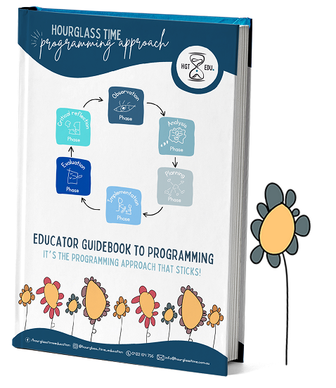 Book titled “Educator Guidebook to Programming” featuring a flowchart of educational phases and flower illustrations, standing upright next to a cartoon flower drawing.