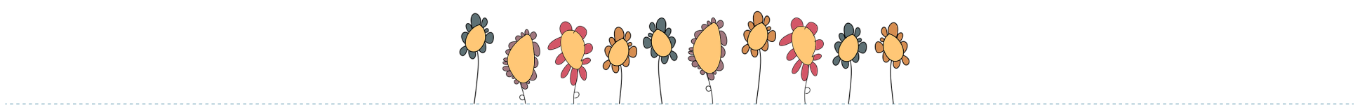 A row of stylised flowers in orange, red, and grey, each with a thin stem and circular shapes forming the petals, set against a white background.