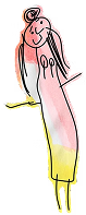 Childlike drawing of a person with a pink and yellow dress, smiling face, and simple lines for arms and legs.