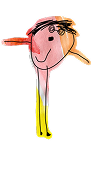 Child’s drawing of a smiling person with a round pink head, short dark hair, one arm outstretched, and long yellow legs. The background is white.