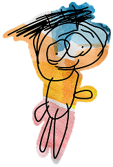Child-like drawing of a person with a blue head, yellow torso, pink legs, raised arm, and scribbled black lines for hair and facial features.