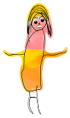 A child’s drawing of a person with long yellow hair, a pink face, yellow and orange clothes, and stick legs, standing with arms outstretched.