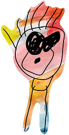 Child’s drawing of a person with a round pink face, black eyes, pink lips, yellow hair, and a multicoloured background.