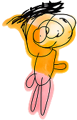 Childlike drawing of a smiling person with orange body, pink legs, and black hair on a white background.