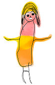 Child’s drawing of a person with a pink face, yellow and orange dress, long hair, and outstretched arms on a white background.