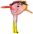 Childlike drawing of a person with a round pink and orange face, black hair, two outstretched arms, long yellow legs, and a simple smile.