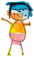 Child’s colourful drawing of a person with blue hair, orange and pink body, black lines for features, arms outstretched, and a simple smiling face.