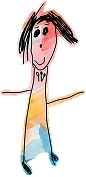 Child’s drawing of a person with a long dress, black hair, and a smiling face, coloured with red, yellow, and blue tones.