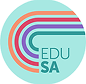 Circular logo with red, purple, and teal curved lines forming a partial spiral around the text “EDU SA” on a light teal background.