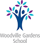 Logo of Woodville Gardens School featuring a blue tree with two stylised human figures, purple and blue leaves, and the school name written below.