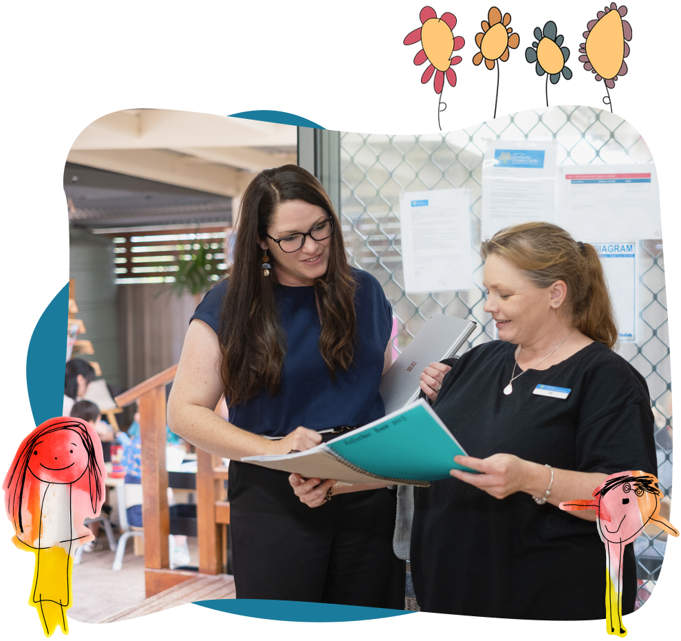 Two women review documents together indoors, standing near a fenced window, with colourful cartoon children and flowers decorating the image corners.