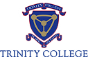Trinity College logo featuring a blue and gold shield with a geometric design and three banners reading “Trinity College”.