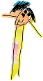 Child’s drawing of a smiling person with black hair, yellow body, and outstretched arms on a white background.