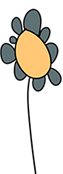 Simple illustration of a flower with a yellow oval centre, dark grey rounded petals, and a thin black stem on a light background.