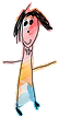 Child’s drawing of a person with black hair, pink face, and a long, multicoloured dress. The figure has simple arms, black eyes, and a small mouth.